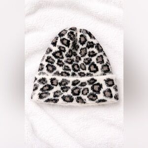 Leopard Print Fuzzy Beanie Hat - White and Brown